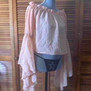 Off Shoulder Peach Flowy Ruffle Open Crop Top